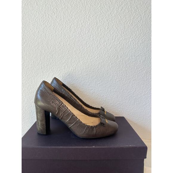 Prada Naplak Evening Pumps Logo Bow Chunky Heel Shoes Black Size 35 (US 5) - Picture 2 of 5